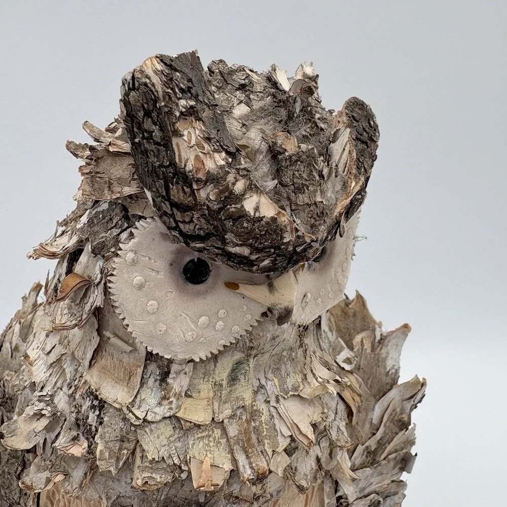 Handmade Owl Figurine Tree Bark Chips Papier-Mâché Mixed Materials Nature Vtg 9